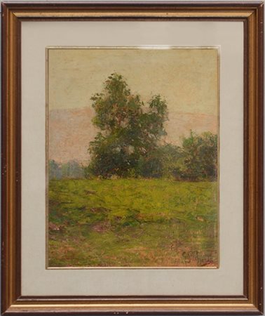 Giuseppe Sacheri "Paesaggio" olio su cartone pressato (cm 32x26) Firmato in bass