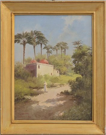 Giovanni Cavalleri "Paesaggio arabo" olio su cartone telato (cm 40x30) Firmato i