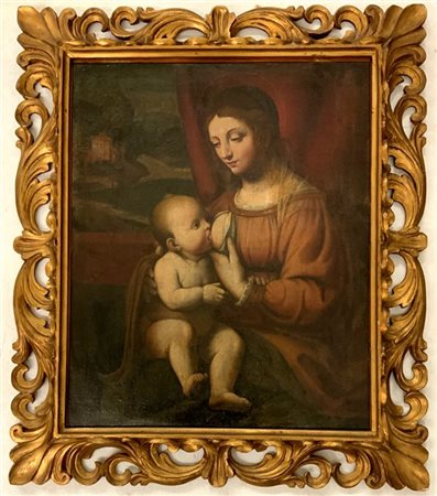 Copia da Bernardino Luini "Madonna del latte" antico dipinto ad olio su tela (c