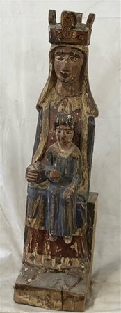 Artista del secolo XIX "Madonna in Maestà con Bambino" Scultura lignea dipinta