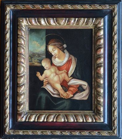 Ignoto "Madonna con Bambino" antico dipinto ad olio su tela (cm 29,5x24). In co