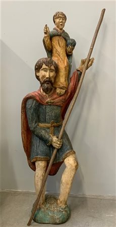 Artista del secolo XVII "San Cristoforo" scultura a tutto ttondo in legno intag