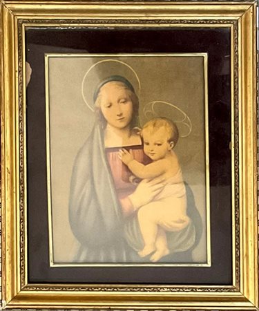 Stampa riproducente la Madonna del Granduca di Raffaello (cm 23,8x17,7). In cor