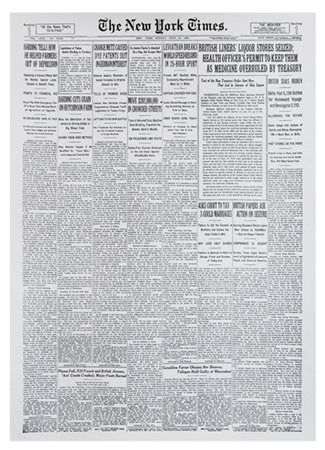 The New Yorks Times , Prima pagina ristampata, senza cornice 18'' x 24'' pollic