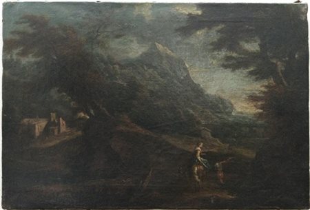 Scuola del secolo XVIII "Paesaggio con viandanti" olio su tela (cm 35x51)

(dif