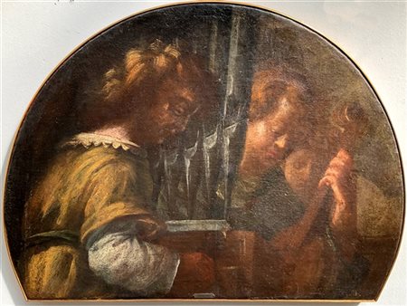 Scuola del secolo XVII "I suonatori" olio su tela sagomata (cm 56,5x77) 

(dife