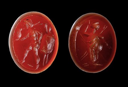 A lot of 2 postclassical  carnelian intaglios. Warrior and goddess.