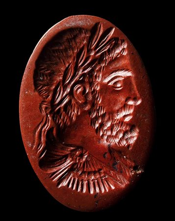 A large postclassical red jasper intaglio. Bust of an Emperor. 