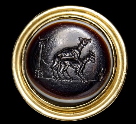 A fine neoclassical  three layer agate intaglio, set in a postclassical gold ring. Two dogs copulating.