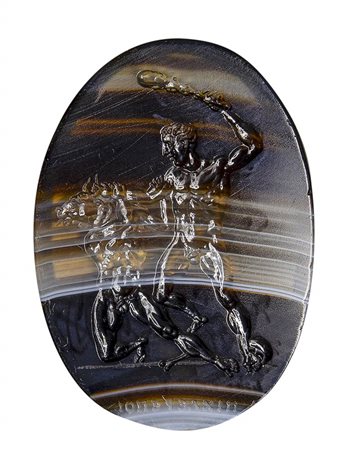 A large neoclassical banded agate intaglio by Pichler. Theseus and the Minotaur. 