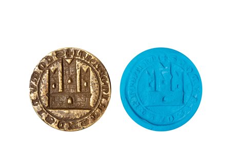 Sigillo circolare in bronzo con stemma raffigurante castello a tre torri e iscrizione, secoli XIII - XIV