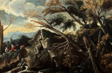 Scuola italiana, secolo XVII, nei modi di Salvator Rosa - Paesaggio fluviale con albero spezzato