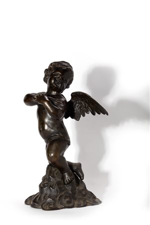 Scultura in bronzo a patina scura raffigurante angioletto, secolo XIX