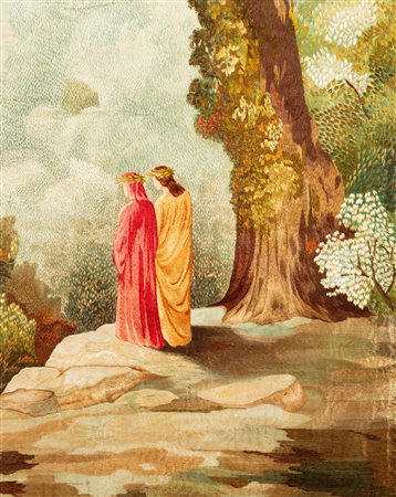 Tessuto ricamato raffigurante Dante e Beatrice, inizi secolo XX