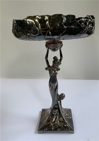 WMF Alzata Art Nouveau in metallo argentato con figura femminile e bimbo reggent