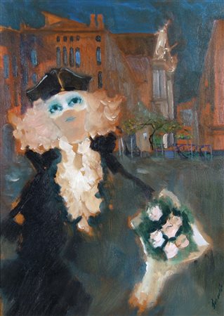 BORSATO RENATO Venezia 1927 Un giorno di carnevale olio su tela 70x50 cm...