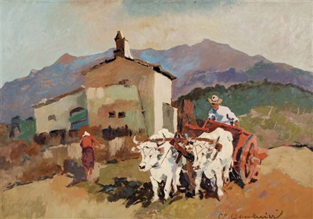 DOMENICI CARLO Livorno 1898 - 1981 Buoi al carro olio su faesite 50x70 cm...