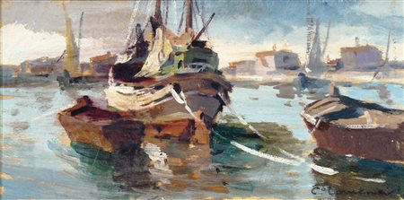 DOMENICI CARLO Livorno 1898 - 1981 Barche olio su tavola 15x30 cm firma in...