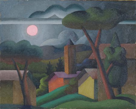 SALVO Leonforte (En) 1947 Luna rossa olio su tela 40x50 cm firma e titolo al...