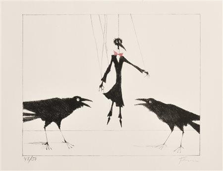 Paul Flora (Glurns/Glorenza 1922 – Innsbruck 2009) Marionetta e due corvi,...
