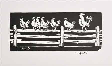 Friedrich Gurschler Gallo e galline su steccato, 1999;Xilografia, 34,9 x 50...