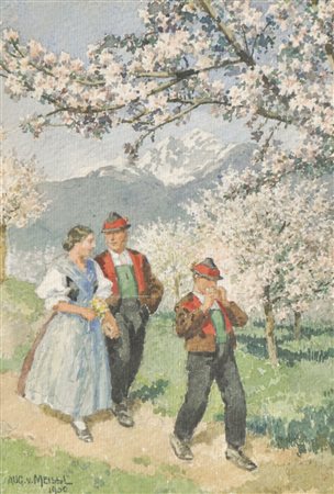 August von Meissl (1867 – 1930 ca.) Coppia del Burgraviato, 1930;Acquerello,...