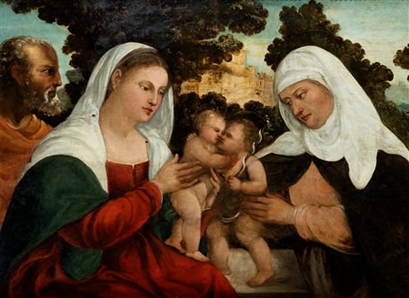 Scuola veneta, secolo XVI - Sacra Famiglia con San Giovannino e Santa Elisabetta