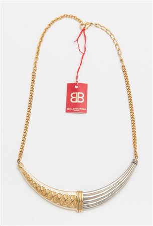 BALENCIAGA Collier a semiluna rigida oro-argento, modello classico bicolore....