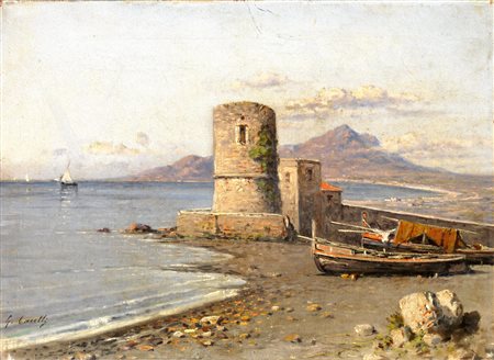 Giuseppe Carelli (Napoli 1858 - Portici 1921) MARINA CON TORRE olio su tela,...