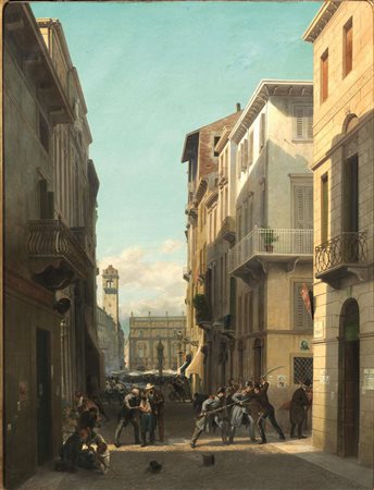 Ercole Calvi (Verona 1824 - 1900) MOTI DI RIVOLTA A VERONA olio su tela, cm...