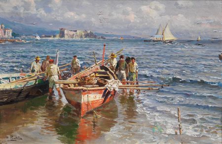 Attilio Pratella(Ravenna 1856 - Napoli 1949)PESCATORI NEL GOLFO DI NAPOLIolio...