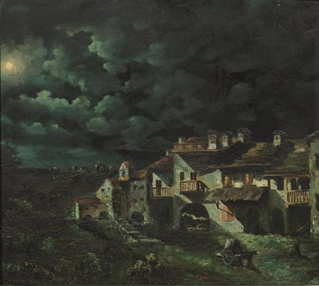 Andrea Landini(Firenze 1847 - 1912)PAESAGGIO NOTTURNO olio su compensato, cm...