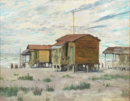 Galileo Chini(Firenze 1873 - 1956)SPIAGGIA CON CAPANNE DI PESCATORIolio su...