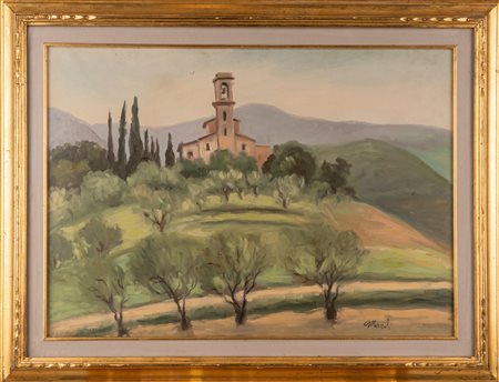 Carlo Mazzoli, Paesaggio, cm 51x70, entro cornice, firmato fronte e retro, 1969