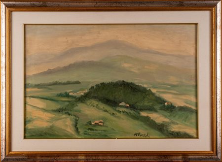 Carlo Mazzoli, Dipinto ad olio su tela raffigurante paesaggio, cm 40x60, entro cornice, firmato fronte e retro