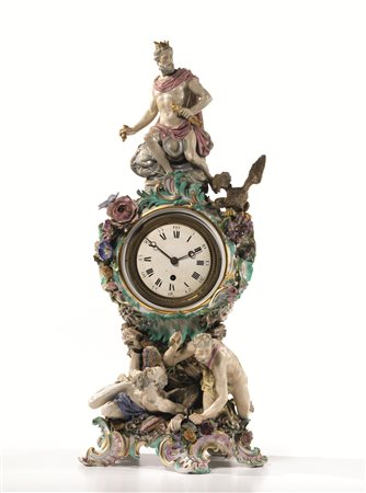 Orologio da tavolo, Meissen, sec. XIX, in porcellana policroma, quadrante...