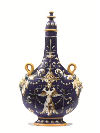 Fiasca, manifattura Ginori, fine sec. XIX, in maiolica blu decorata a...