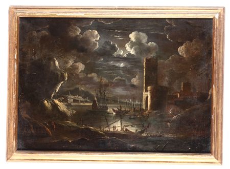 Giovanni Grevenbroeck (1650 ?-1699 Milano), Marina al chiaro di luna, Scena di tempesta