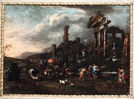 Scena pastorale con rovine architettoniche e figure Scuola genovese del XVII secolo