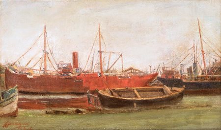 Ferrigno, Antonio (Maiori, 1863 - Salerno, 1940) 
Barche in porto 
olio su tela 