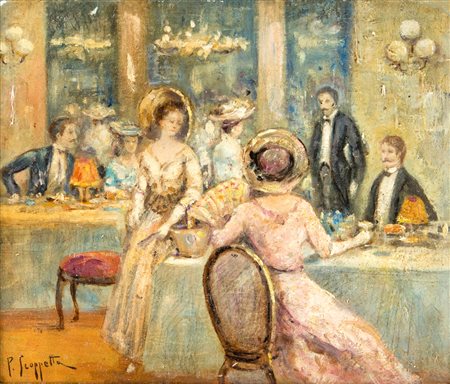 Pietro Scoppetta (1:Principale) (Amalfi, 1863 - Napoli, 1920) 
Cafè de la Paix a Parigi 
olio su cartone cm 20x24 - con la cornice: cm 34x38