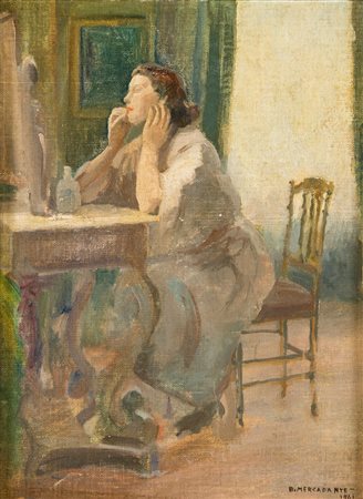 Mercadante, Biagio (Torraca, 1892 - Torraca, 1971) 
Donna alla toletta 
olio su cartone telato cm 38x29 - con la cornice: cm 58x48