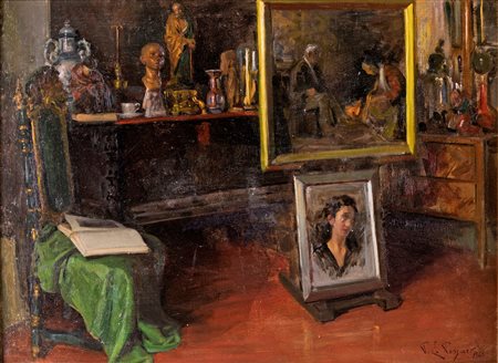 Passaro, Paolo Emilio (Salerno, 1878 - Napoli, 1956) 
Interno 
olio su tela cm 62,5x85 - con la cornice: cm 78x100,5