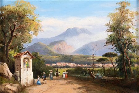 Carrillo, Achille (Avellino, 1818 - ?) 
Paesaggio con figure - Cava dei Tirreni 
olio su tavola  cm 21,5x31 - con la cornice: cm 32x42