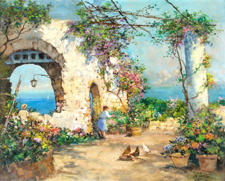 Ferrigno, Antonio (Maiori, 1863 - Salerno, 1940) 
Terrazza fiorita sul mare 
olio su tela cm 40x50 - con la cornice: cm 54x64