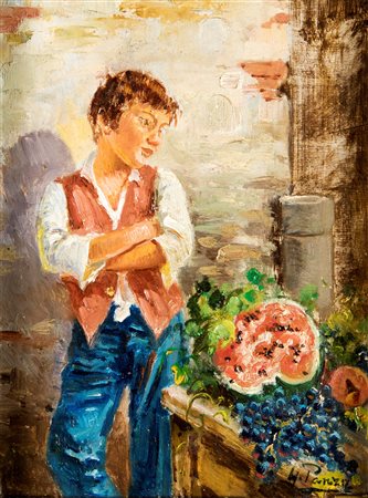 Pittore del XIX/XX secolo ( - ) 
Venditore di anguria 
olio su tavoletta cm 24x18 - con la cornice: cm 31,5x25,5