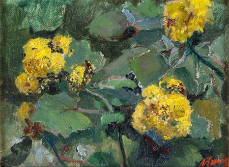 Ferrigno, Antonio (Maiori, 1863 - Salerno, 1940) 
Fiori gialli 
olio su cartone telato cm 14,5x19,5 - con la cornice: cm 31x36