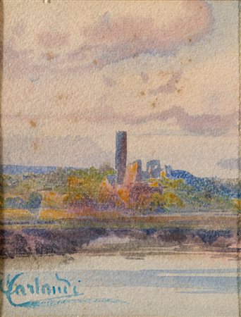 Onorato Carlandi (1:Principale) (Roma, 1948 - Roma, 1939) 
Paesaggio con torre 
acquerelli su cartoncino cm 11,5x15,5 - con la cornice: cm 24x20,5