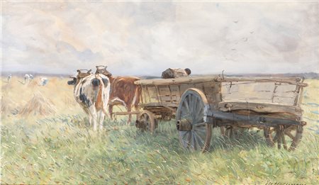 Hagemans, Maurice (Liegi, 1852 - Ixelles, 1917) 
Carro di buoi 
acquerelli e tempere su tavola cm 30x51 - con la cornice: cm 50x71