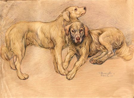 Giuseppe Rivaroli (1:Principale) (Cremona, 1885 - Roma, 1943) 
Due cani 
matite colorate su carta cm 37x50 - con la cornice: cm 51x64